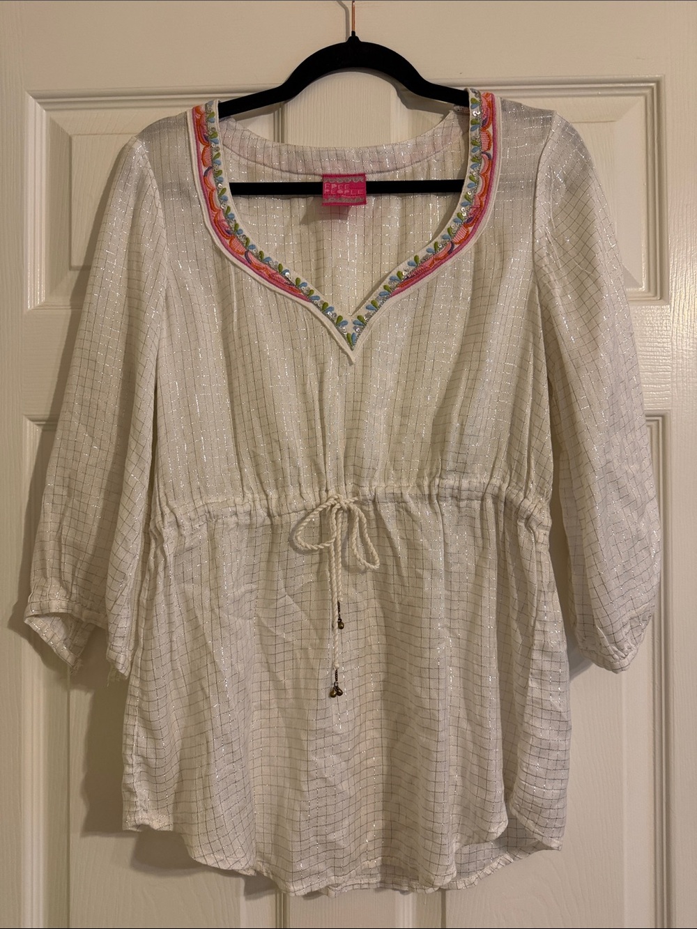 Free People Metallic Thread Boho Embroidered Tunic Top White and Silver